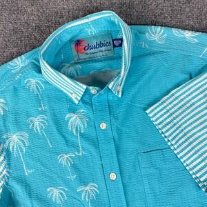 Chubbies Shirt Med Blue Button Up Seersucker Palm‎ Tree Short Sleeve Stretch Men